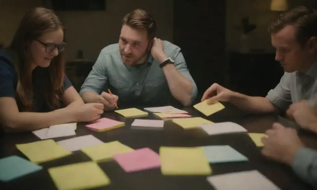 Team brainstorming around a table with post-it notes and digital devices
