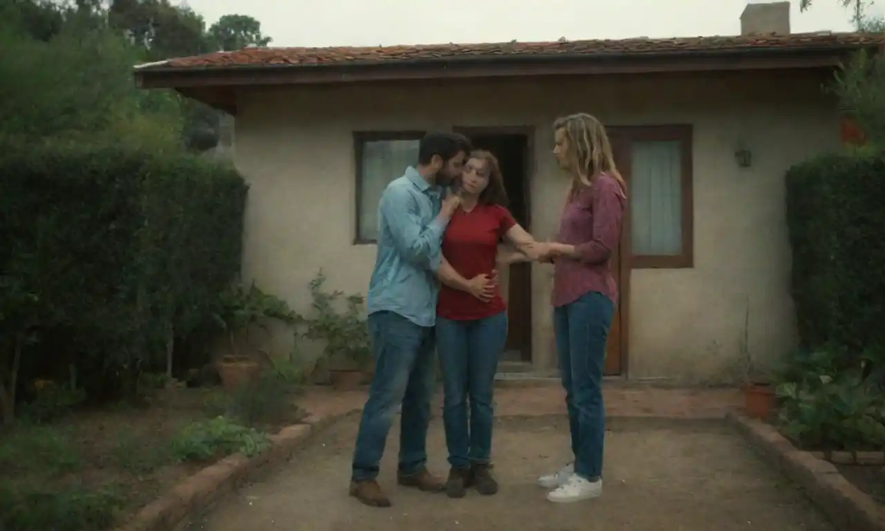 Tarek y Heather mostrando su casa renovada con letrero de Vendida en el jardín.