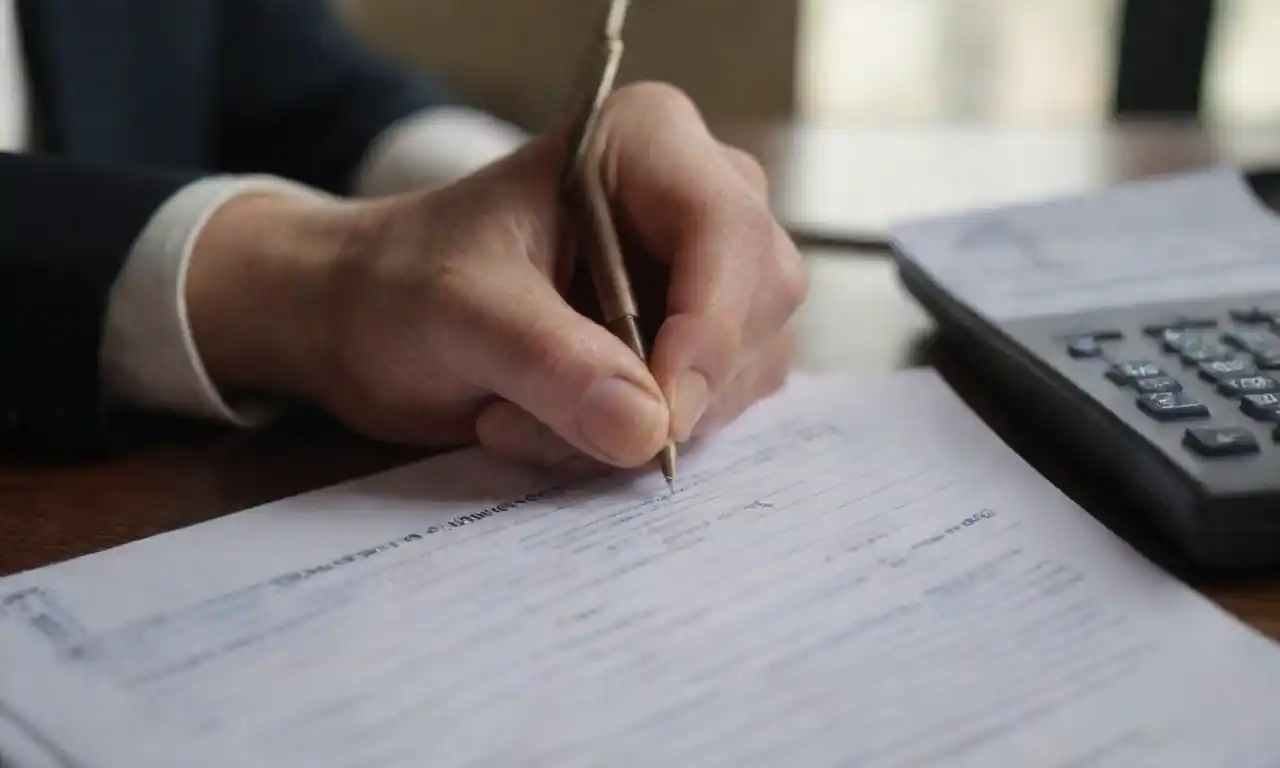 A person filling out an IVA liquidation form with financial documents on the table.
