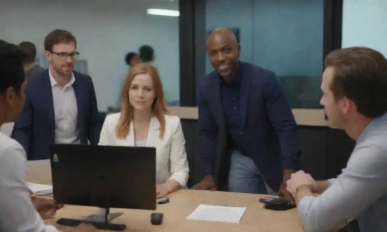 A diverse team collaborating in a modern office environment