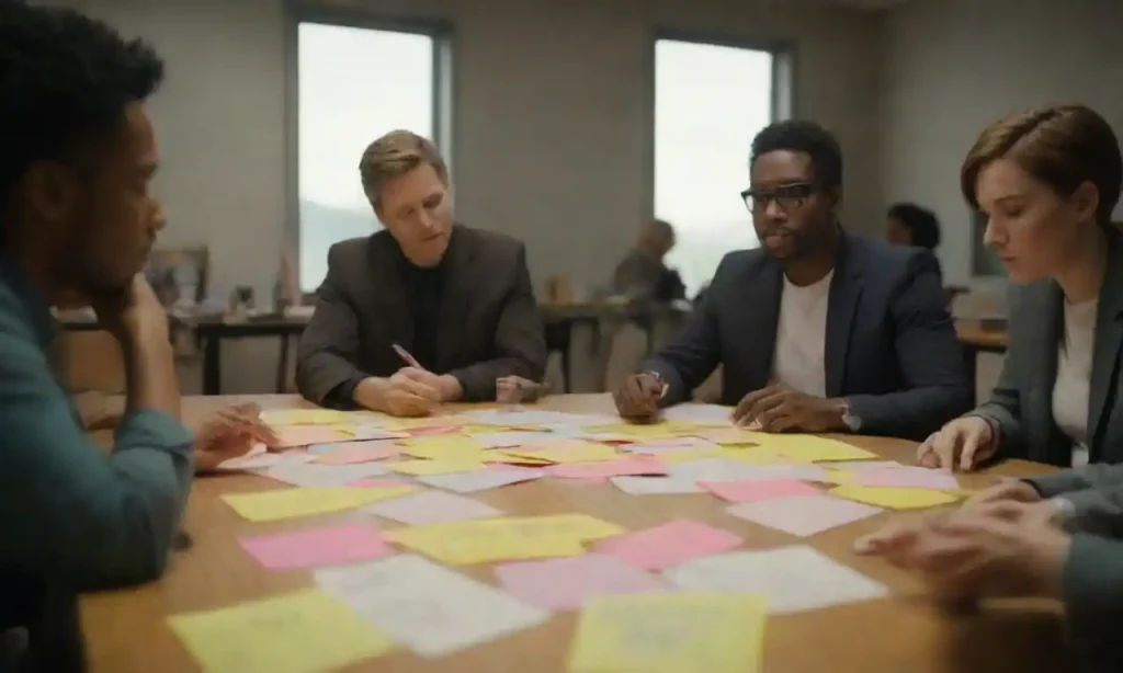 A diverse team brainstorming ideas around a table with sticky notes and sketches.