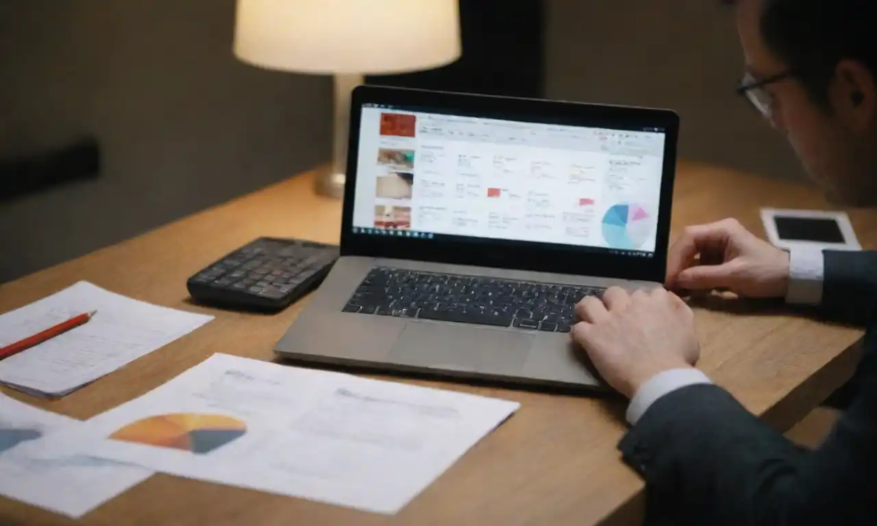 Designer calculating rates with a laptop and design samples on the table.