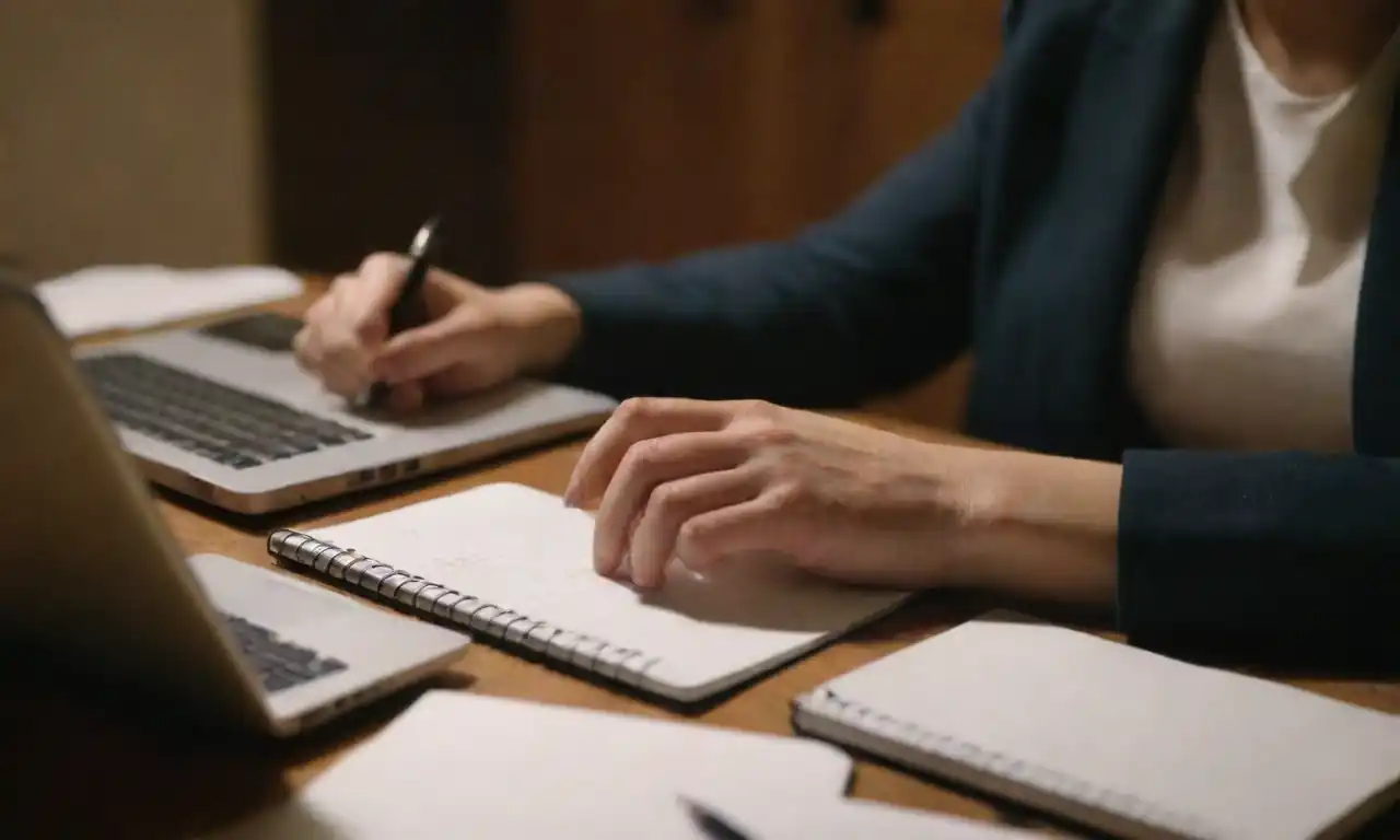 A person typing on a laptop surrounded by notepads and writing tools.