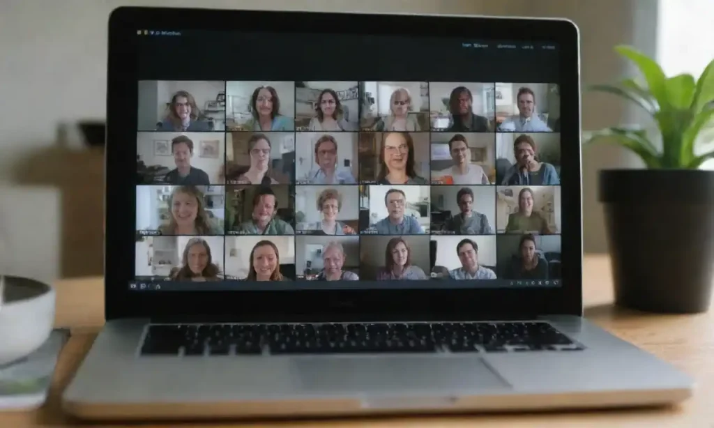 A collage of different remote work roles displayed on a laptop screen at a home office.