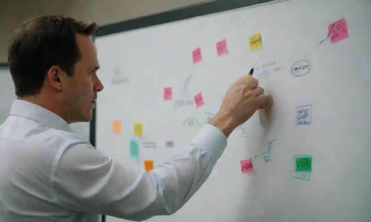 Businessperson brainstorming strategies on a whiteboard with client images and ideas.