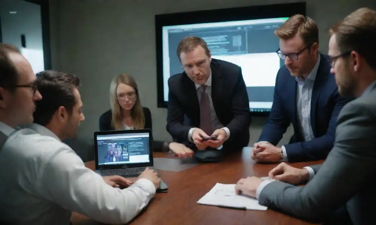 Team collaborating around digital devices and strategies for business transformation.
