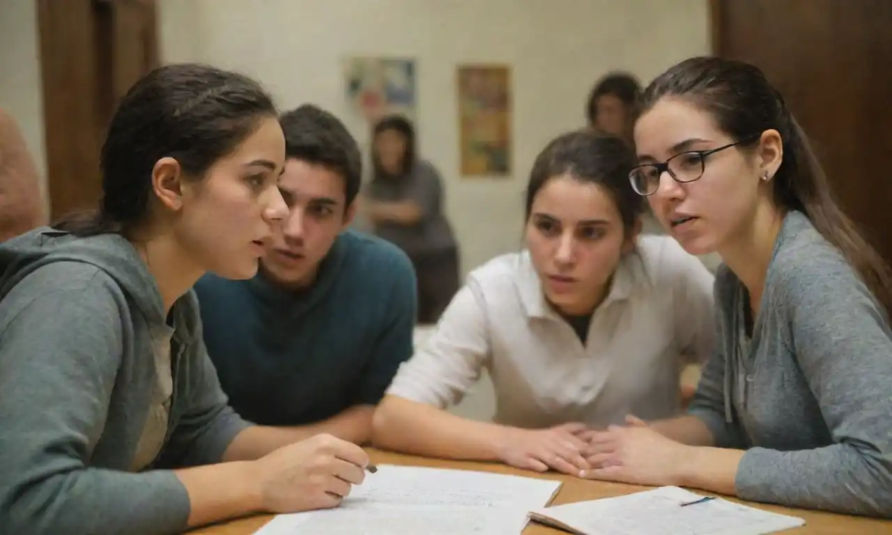 Grupo de estudiantes discutiendo y practicando para un concurso de ortografía en un entorno escolar.