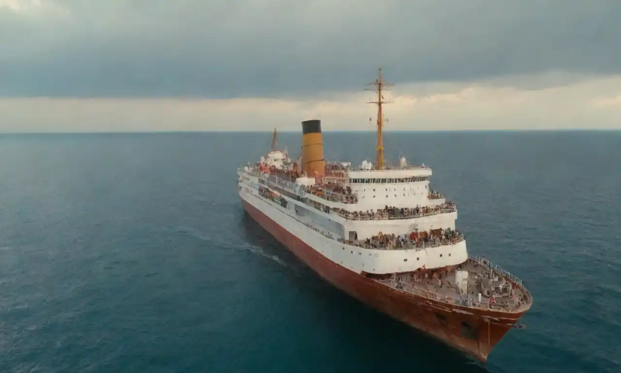 Un crucero anclado con pasajeros en la cubierta y un barco de la Guardia Costera en el fondo.