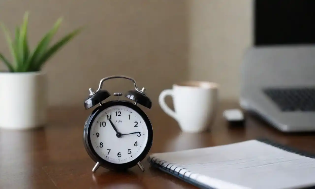 A timer set for focused study sessions alongside notebooks and a coffee cup.