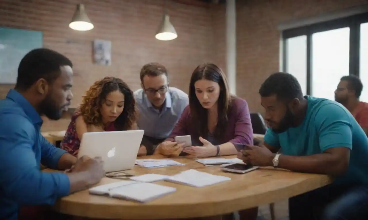 Group of diverse entrepreneurs brainstorming with digital devices and cultural symbols around.