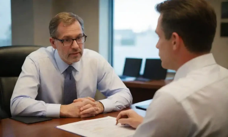 Consultants discussing labor laws and employee rights in an office setting.