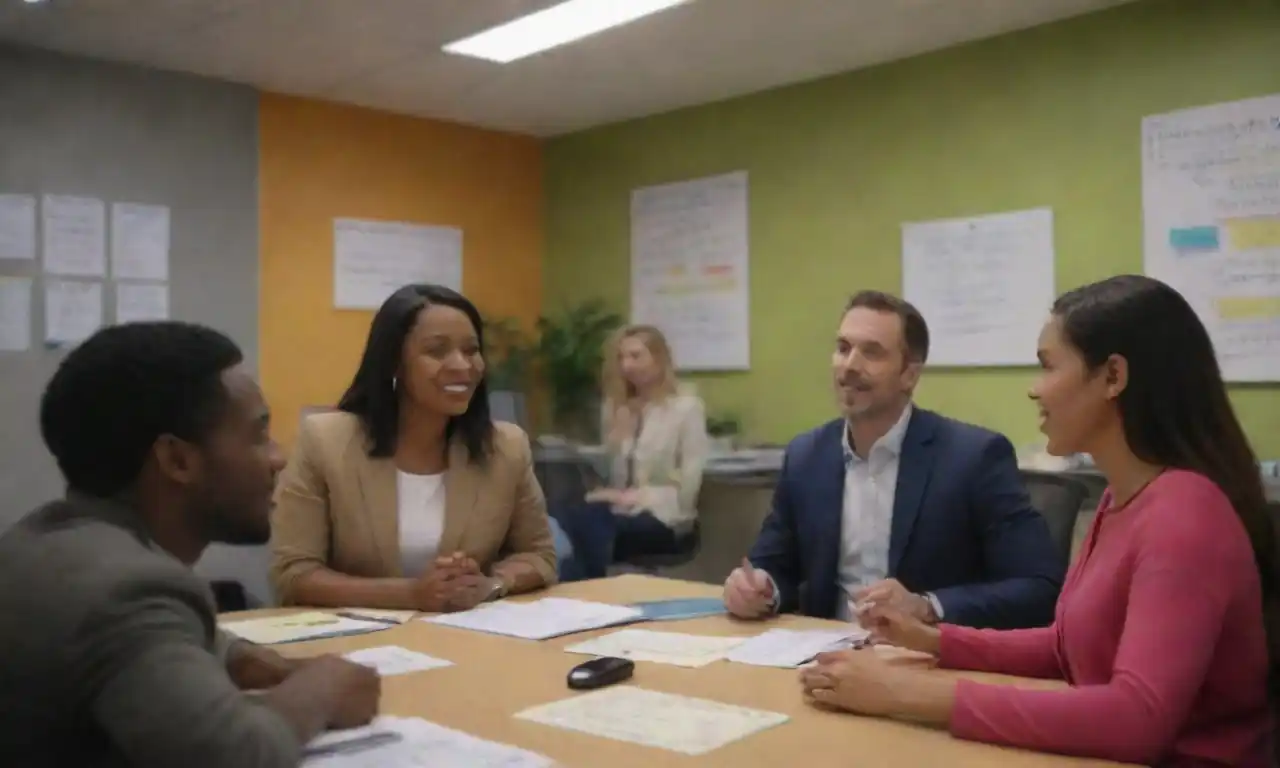 A diverse team collaborating in a vibrant office setting with motivational quotes on the walls.