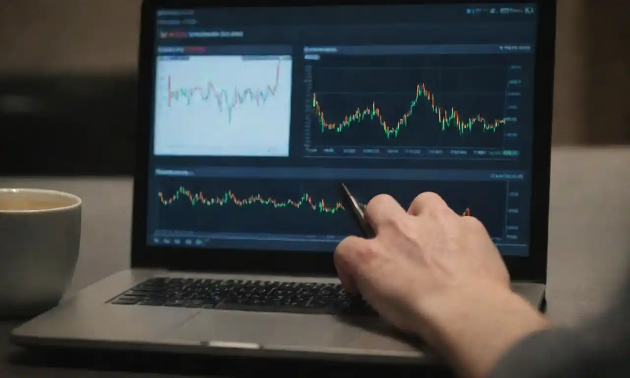 A person analyzing stock market charts and comparing online broker platforms on a laptop.