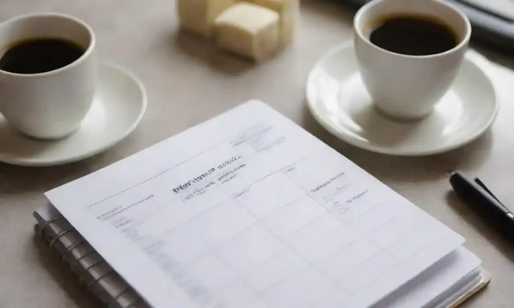 A planner open with a structured daily schedule and a cup of coffee beside it.