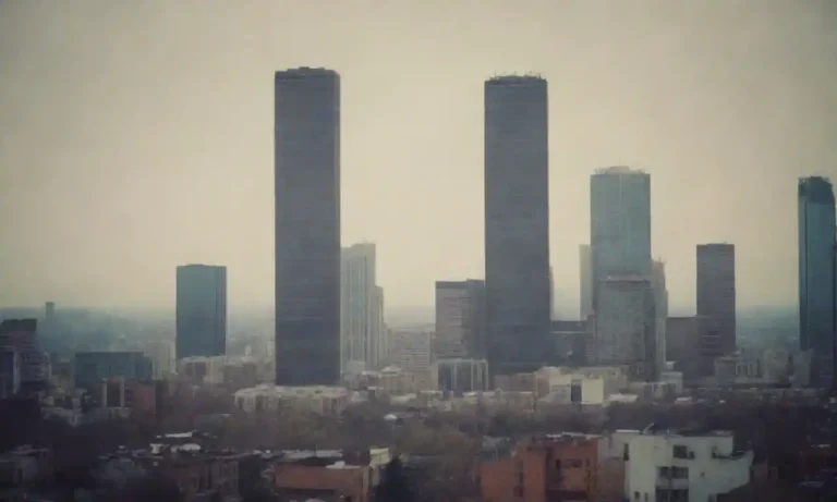 Urban skyline with unaffordable high-rise buildings and a For Rent sign.