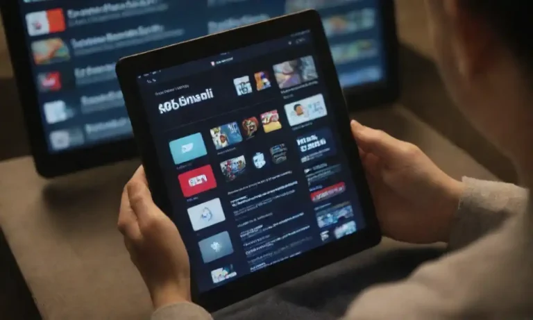 Person reading tech articles on a tablet with popular tech logos displayed.