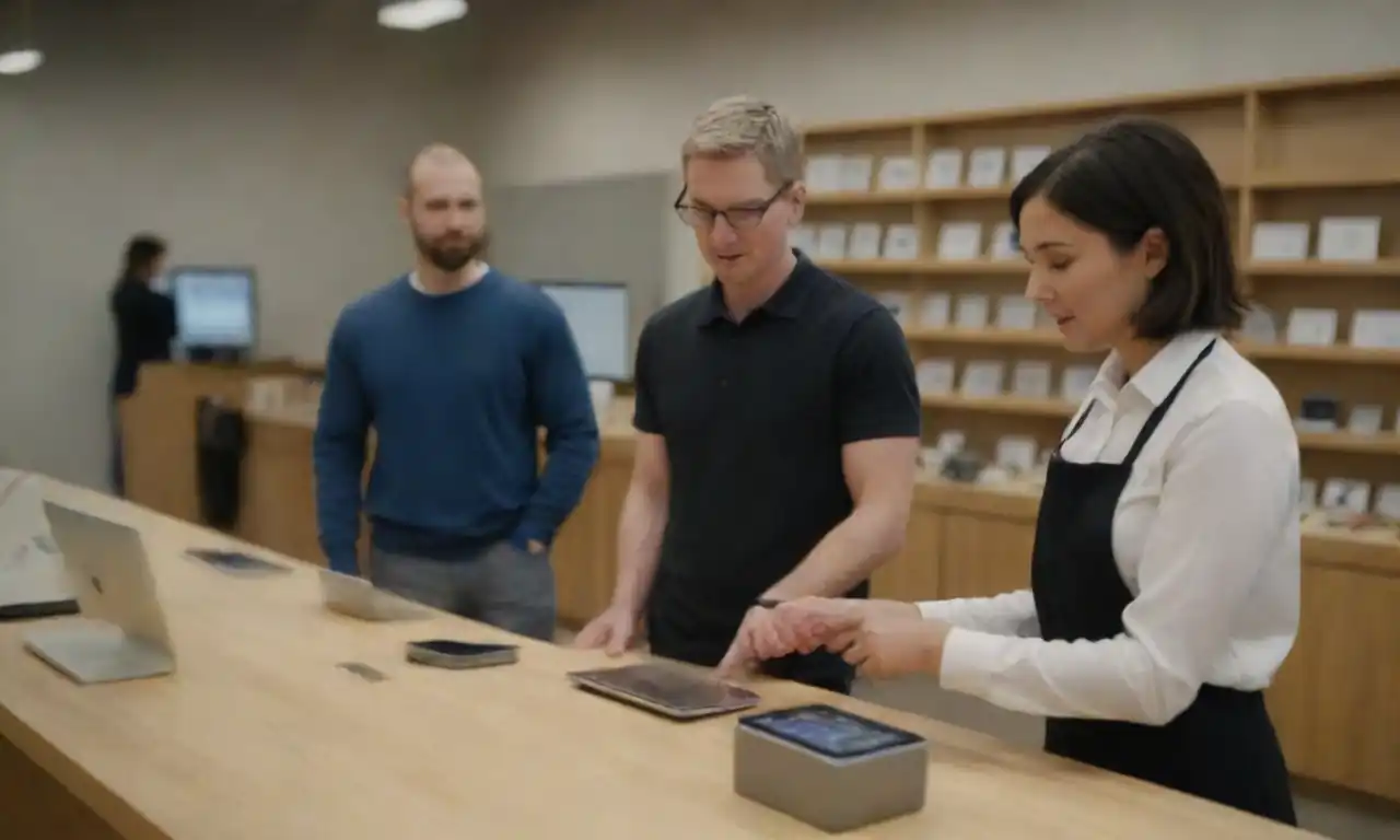 Apple devices being exchanged at a store counter with a customer and a staff member.