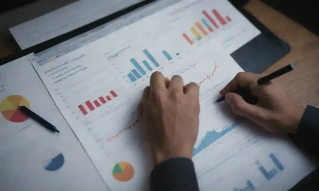 Person analyzing charts and graphs with notes on market trends and consumer behavior.