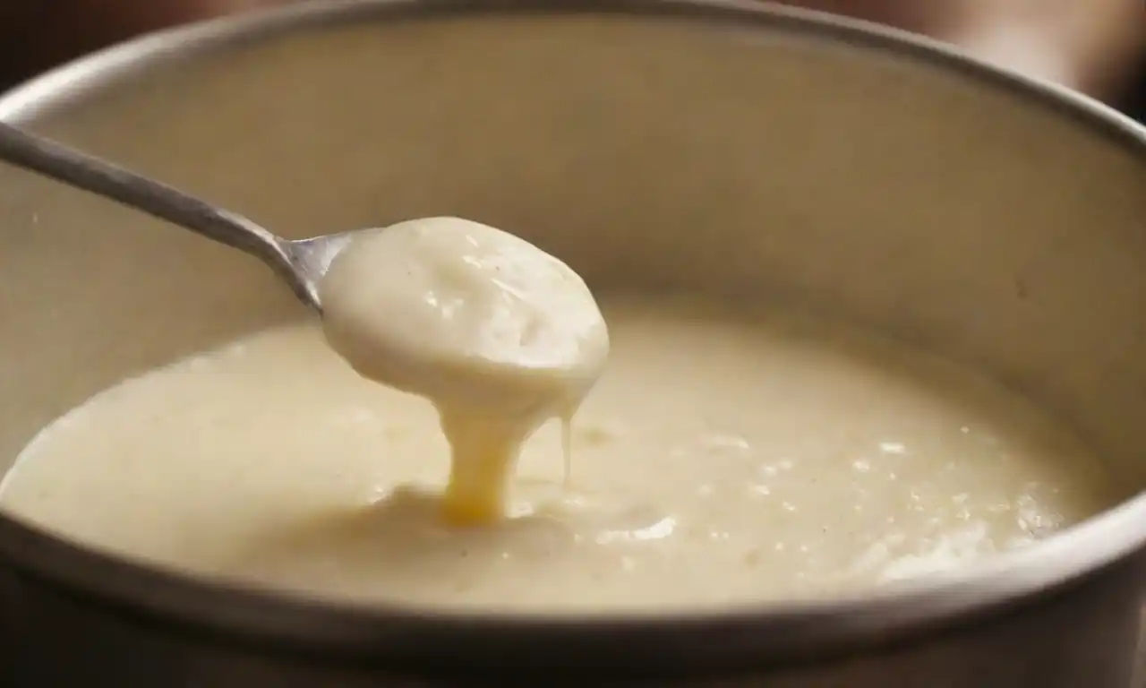 Close-up of a creamy soubise sauce being stirred in a saucepan with onions and butter.