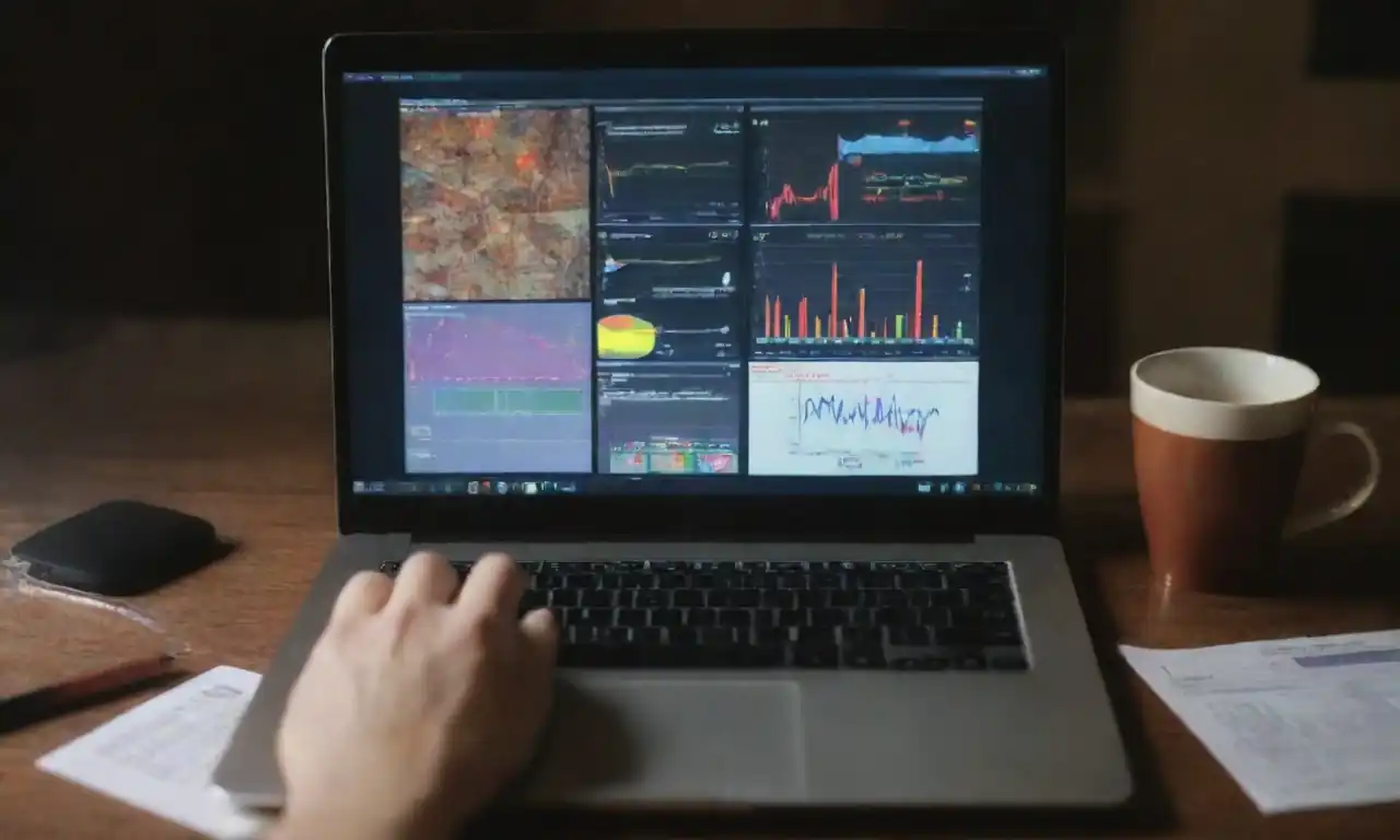 A person brainstorming ideas on a laptop with digital tools and charts surrounding them.