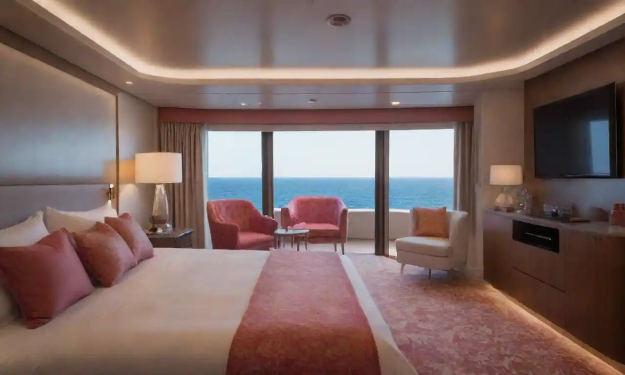 Luxurious cruise suite showcasing elegant decor and ocean views on a Virgin Voyages ship.