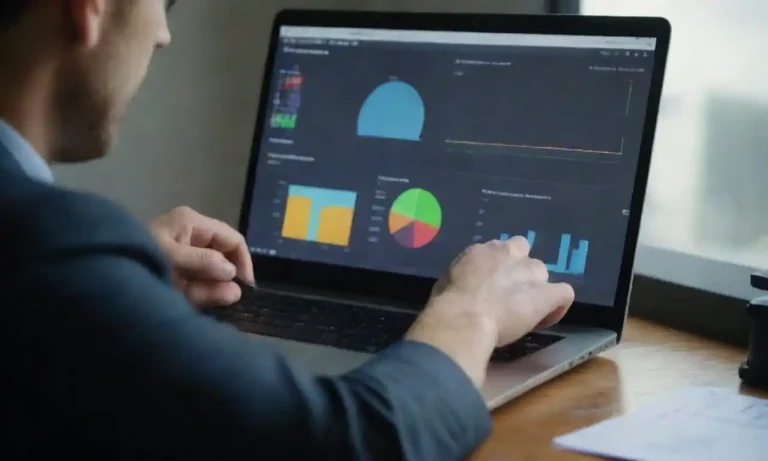 A Project Manager analyzing a digital dashboard with tools and charts displayed on a laptop.