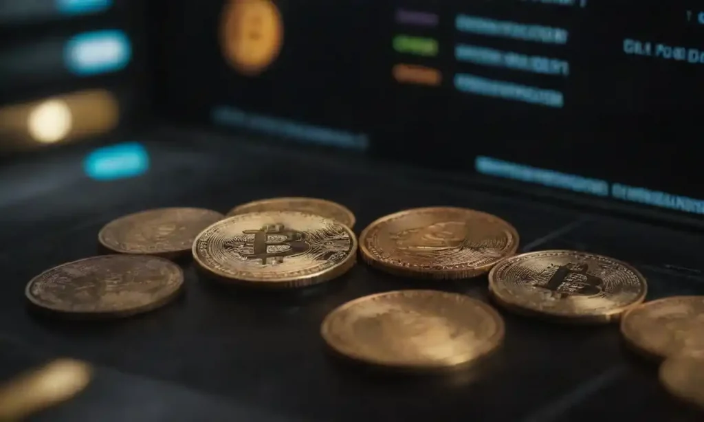 A graphic illustrating a computer processing cryptocurrency transactions with digital coins and blockchain elements.