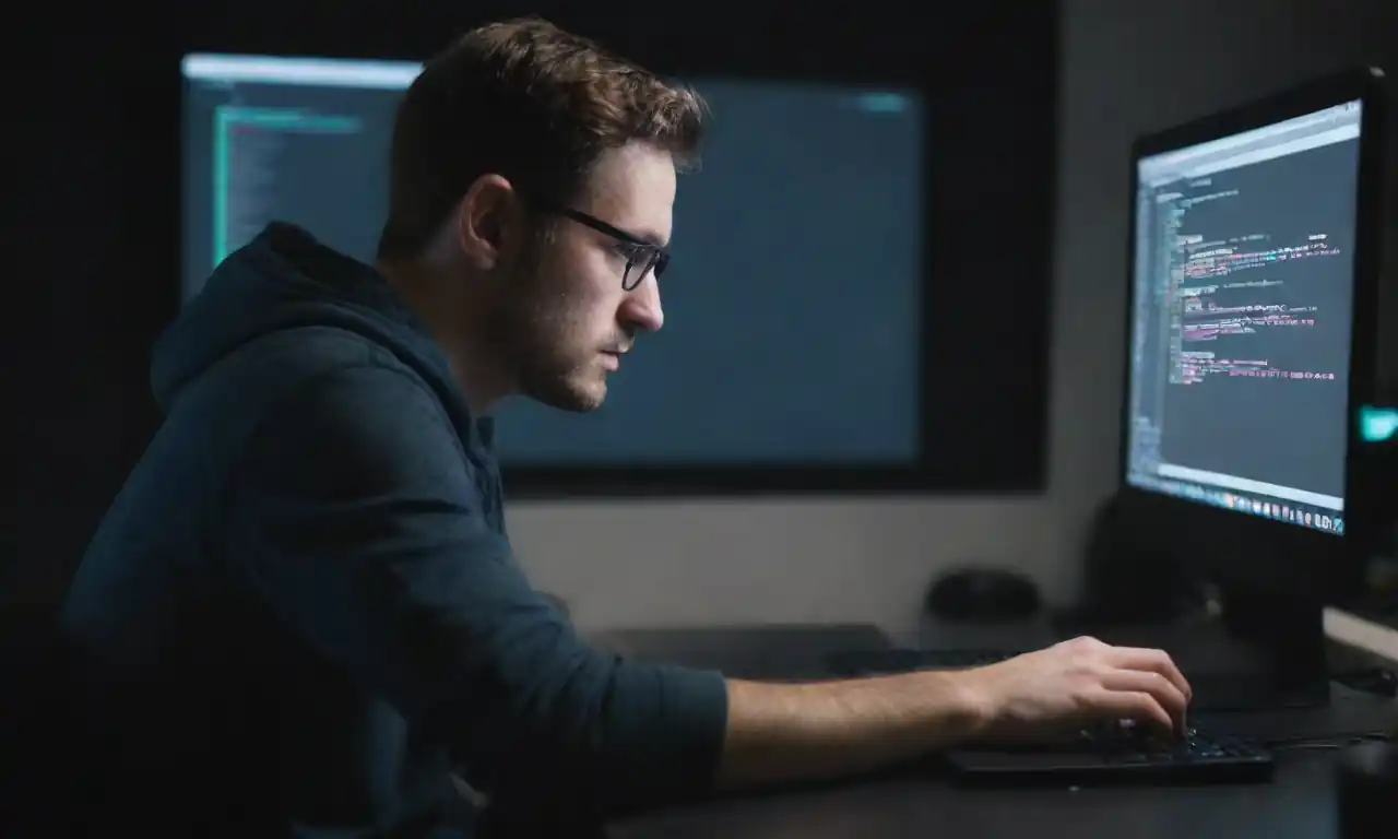 A developer analyzing a code snippet on a laptop while visualizing a Webpack compilation diagram.