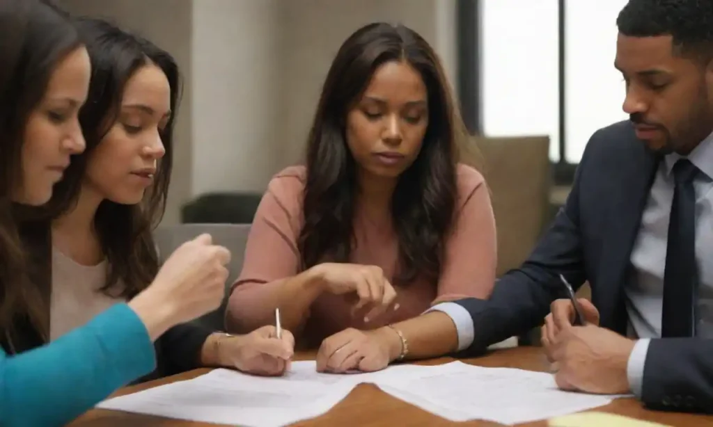 Image of diverse individuals collaborating over documents