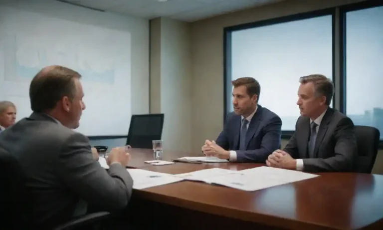 Business professionals discussing merger strategies with charts and documents in a conference room.