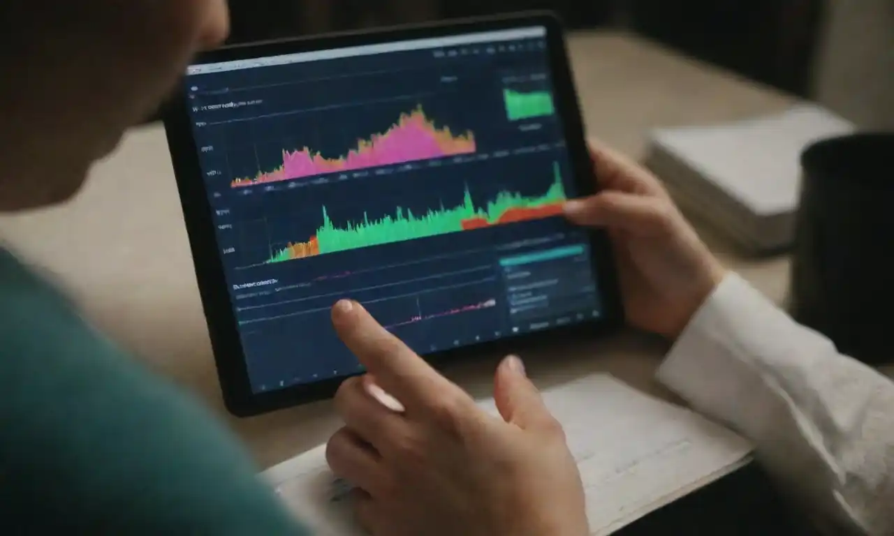 Person creating a media plan on a digital device with charts and notes.