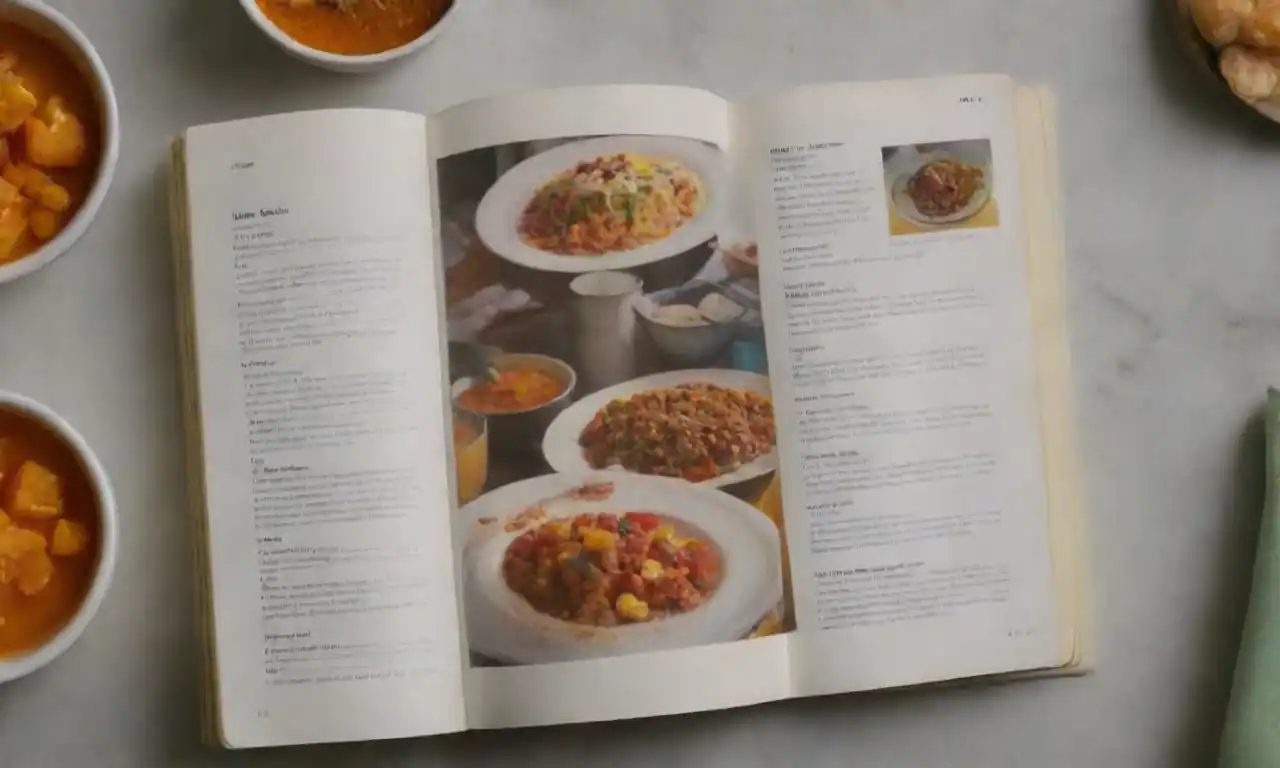 An open New York Times cookbook with colorful dishes displayed alongside ingredient lists.