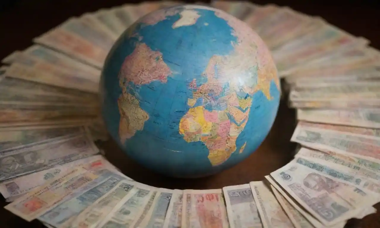A globe surrounded by bank cards and currency notes from various countries.