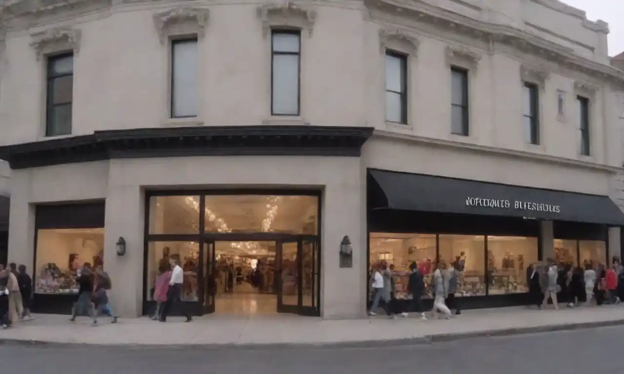 Side-by-side comparison of Nordstrom and Bloomingdales storefronts with shoppers.