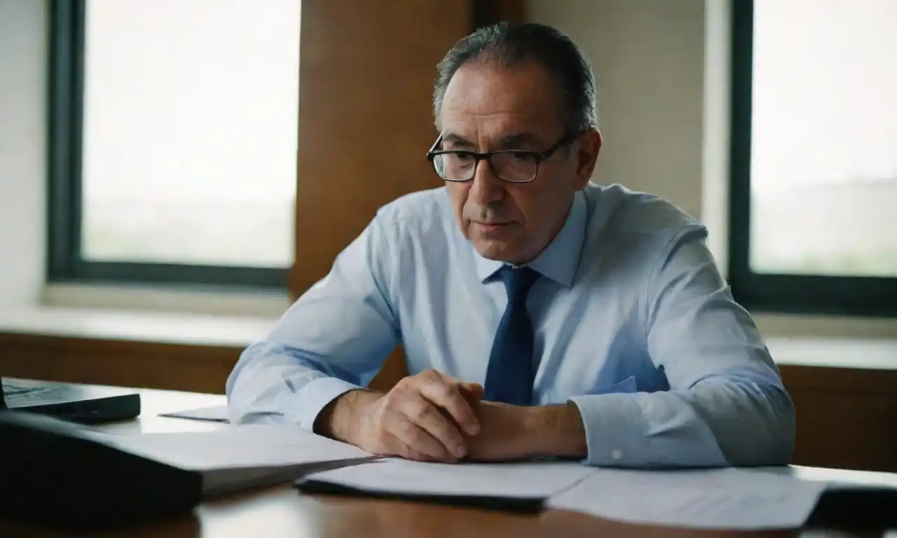 Un empresario revisando documentos laborales mientras observa a un empleado ausente.