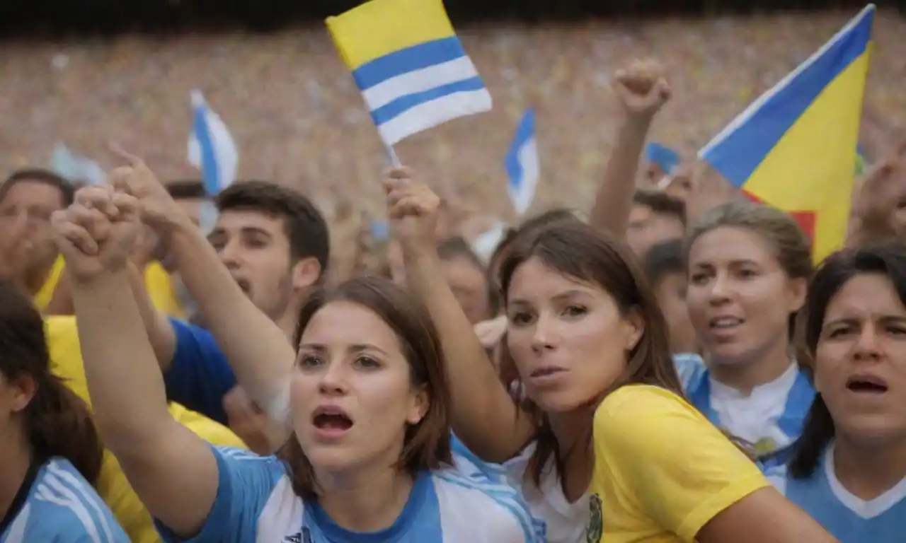 Fans in Argentina and Colombia celebrating passionately in vibrant stadiums adorned with flags and team colors.