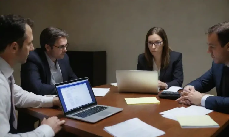 Un grupo de profesionales discutiendo estrategias alrededor de una mesa con laptops y notas.