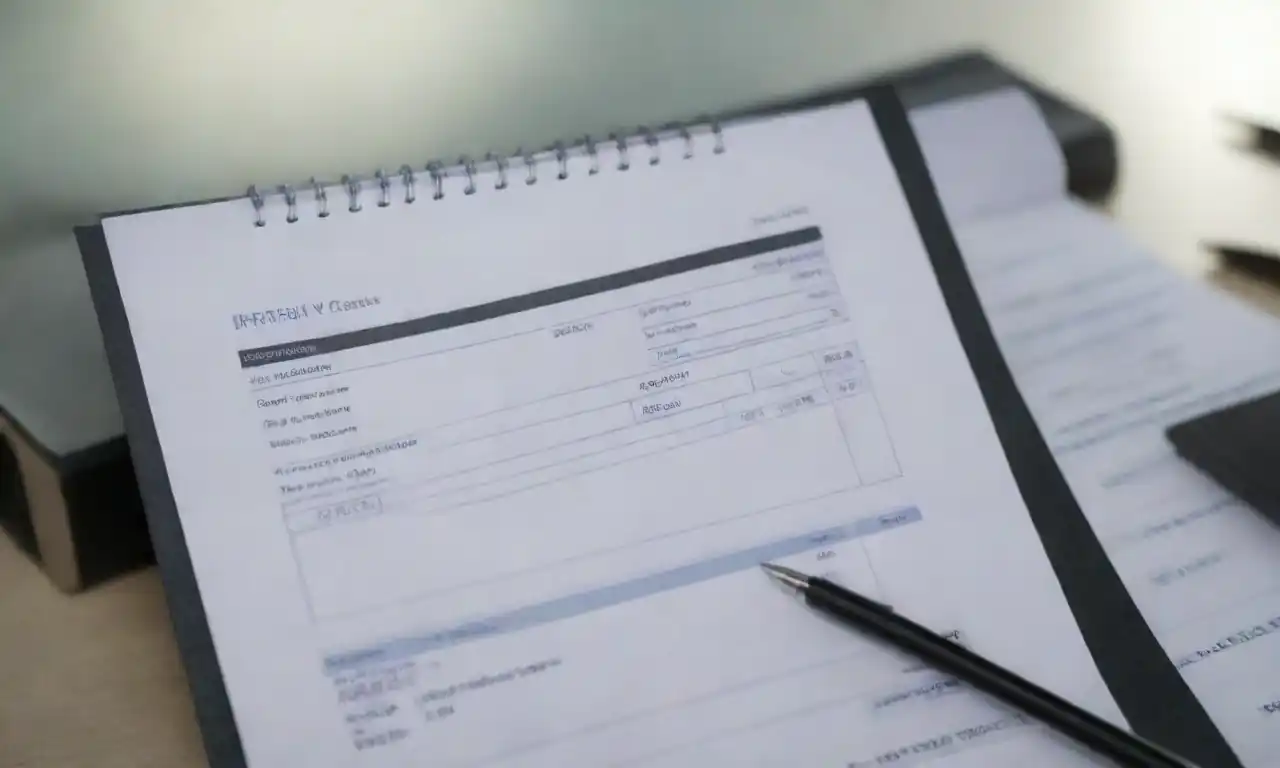 Various invoice templates displayed on a computer screen with a notepad and pen nearby.