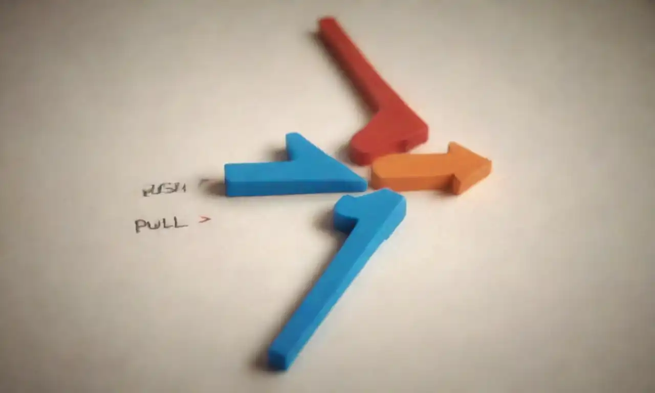 Visual diagram illustrating push and pull marketing strategies with arrows and examples.