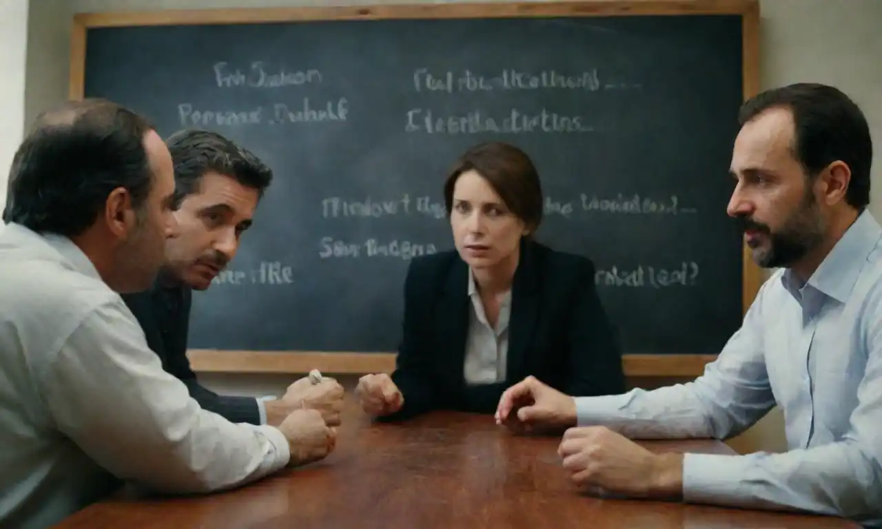 Grupo de profesionales discutiendo estrategias y pasos en una pizarra.