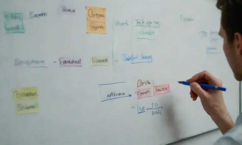 Person analyzing content strategy on a whiteboard with charts and ideas.