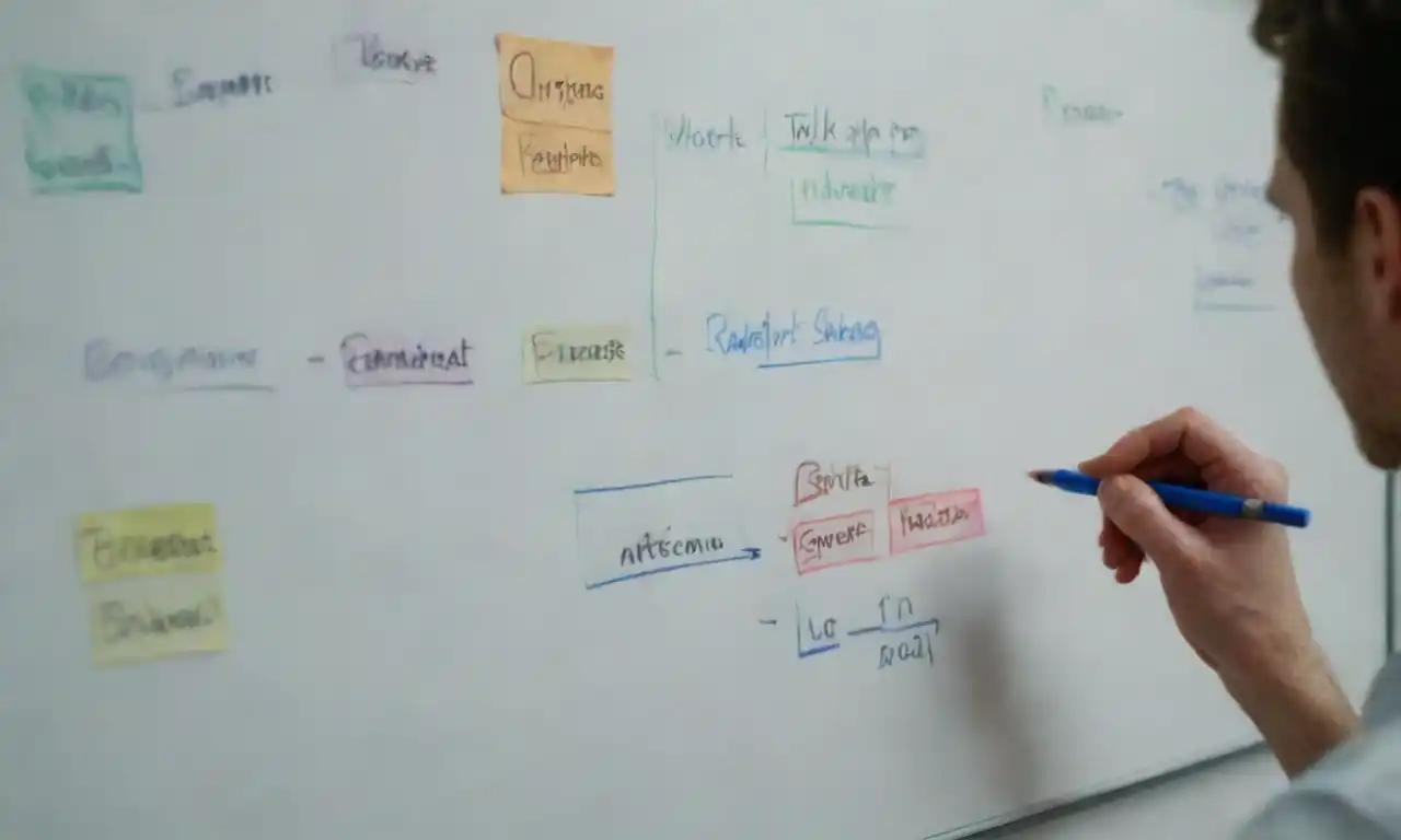 Person analyzing content strategy on a whiteboard with charts and ideas.