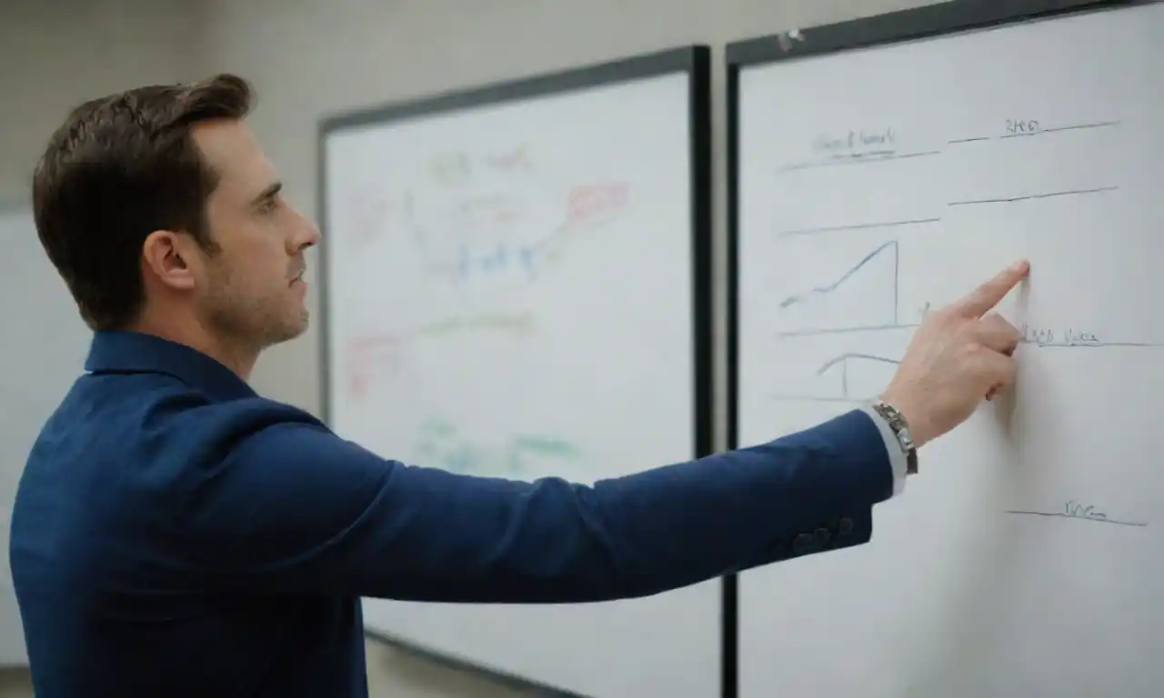 Person analyzing a VRIO framework chart on a whiteboard with strategic notes.