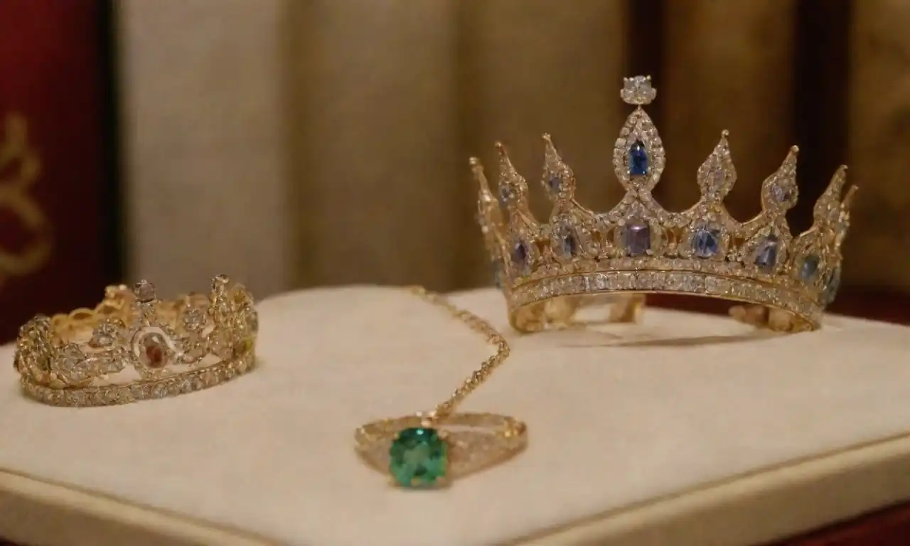 Elegant Cartier jewelry displayed alongside a regal crown and historical images of royal patrons.
