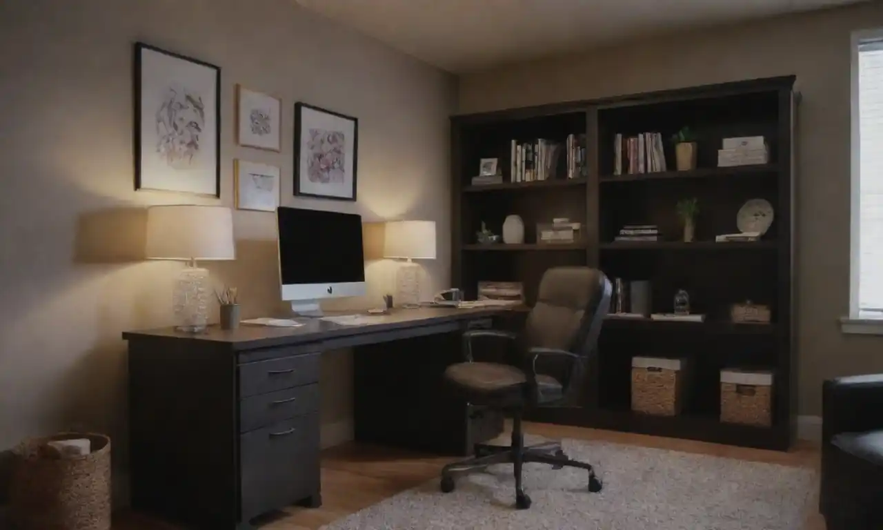 A well-organized home office featuring essential elements like a desk, ergonomic chair, good lighting, and storage solutions.