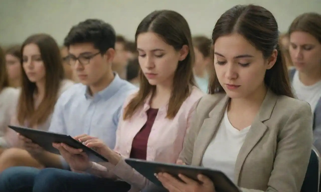 Estudiantes utilizando tablets y computadoras en un aula moderna.