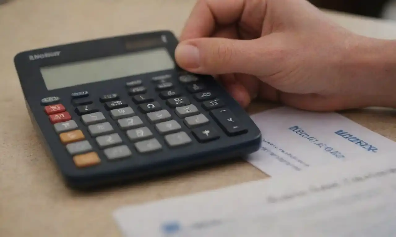 A calculator and Discover Bank logo next to a person examining savings account options.