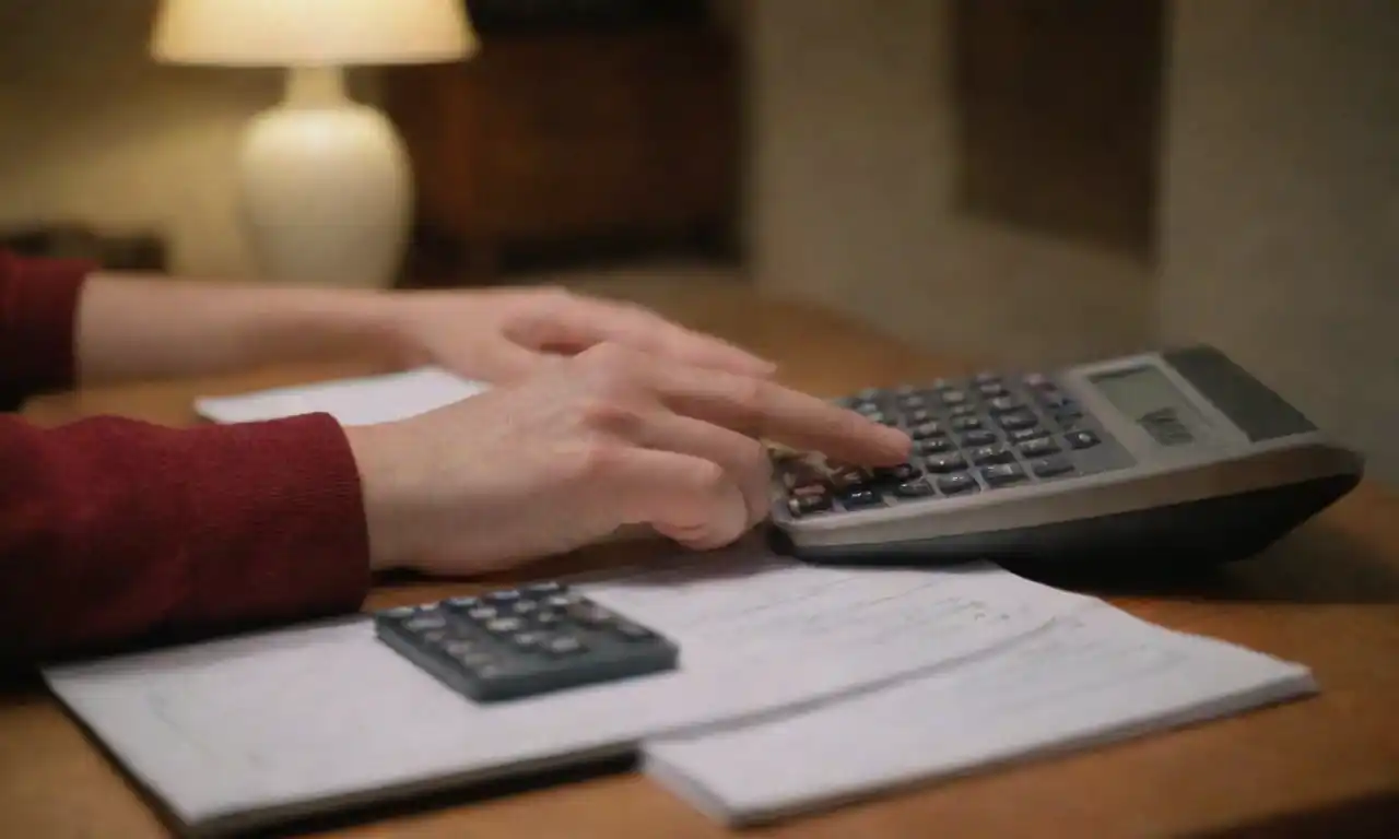 A person exploring furniture financing options with a calculator and catalog in a cozy room.