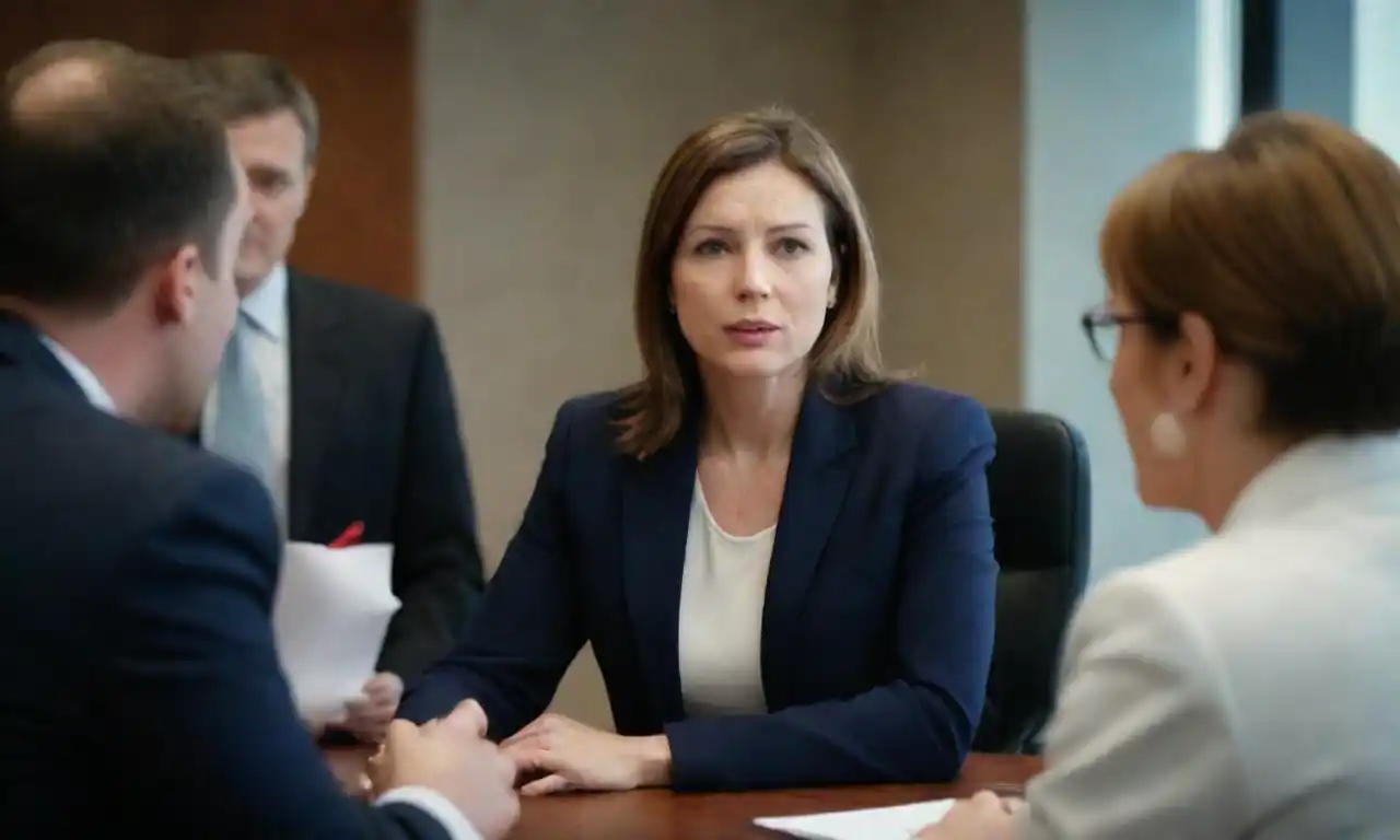 Professional discussing HR strategies with a team in a corporate setting.