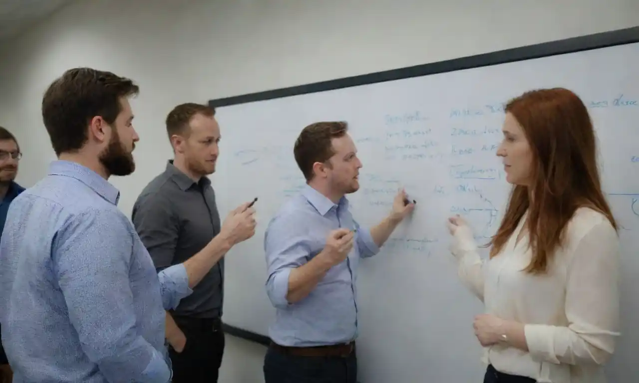 Team collaborating on a whiteboard with user feedback and design iterations for a digital product.